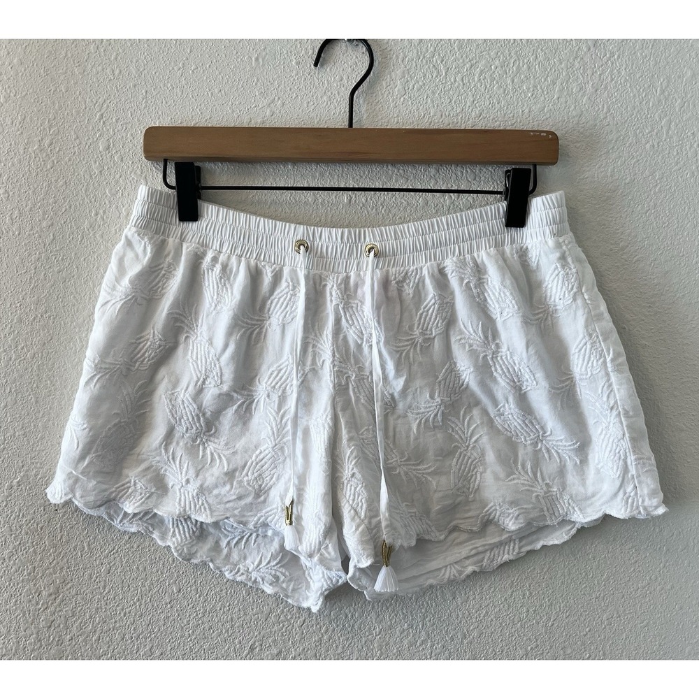 Lilly Pulitzer Shorts Women Small White Embroidered Scallop Hem Tassel Pineapple